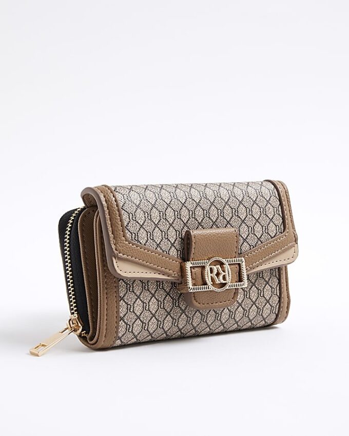 Beige Monogram Panelled Flap Purse