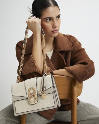 Beige Monogram Panelled Shoulder Bag