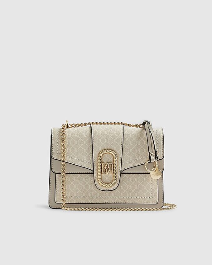 Beige Monogram Panelled Shoulder Bag