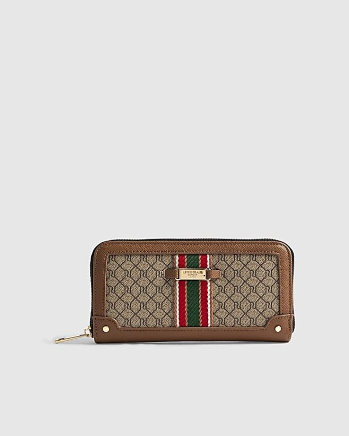 Beige Monogram Webbed Front Zip Around Purse