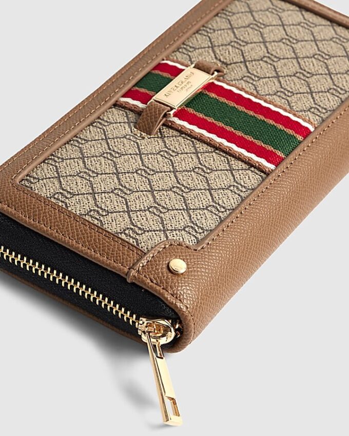Beige Monogram Webbed Front Zip Around Purse