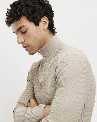 Beige Muscle Fit Brick Knitted Funnel Jumper