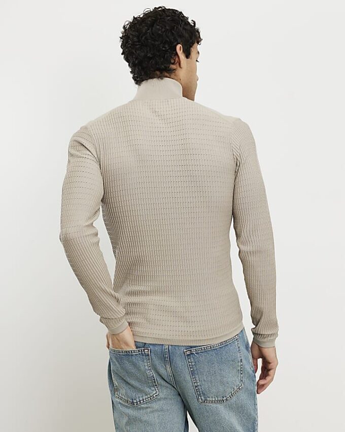Beige Muscle Fit Brick Knitted Funnel Jumper