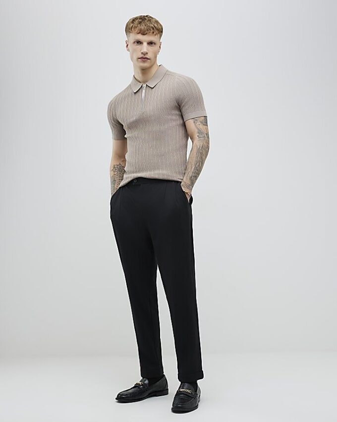 Beige Muscle Fit Rib Polo Shirt