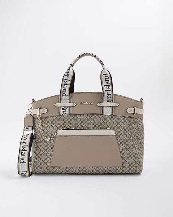 Beige Panelled RI Handle Tote Bag