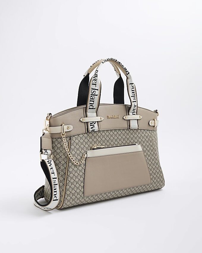 Beige Panelled RI Handle Tote Bag