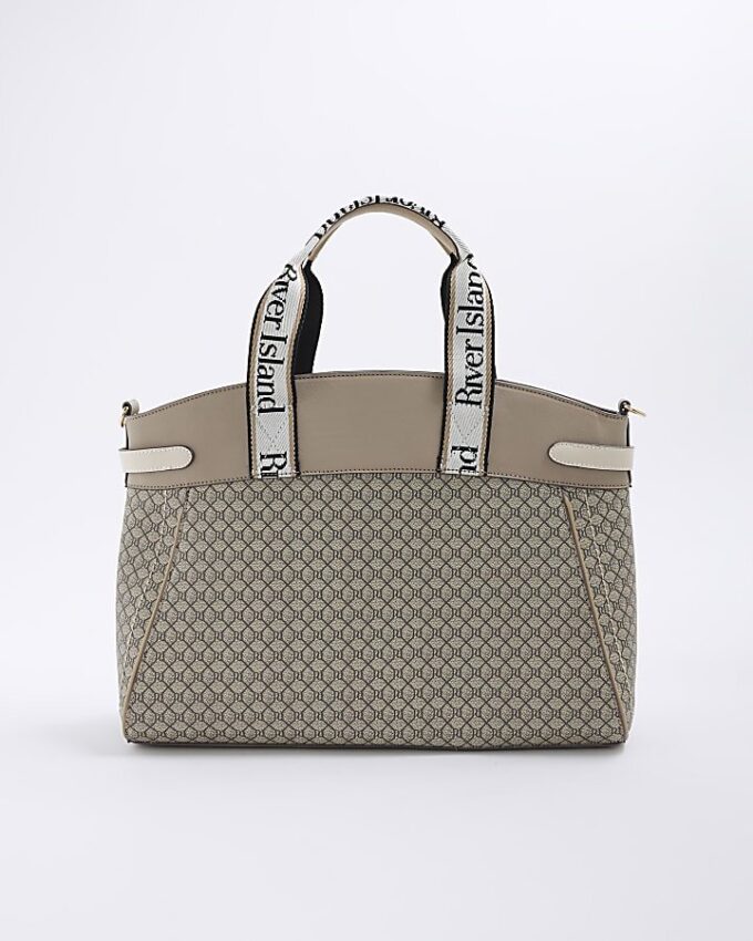 Beige Panelled RI Handle Tote Bag