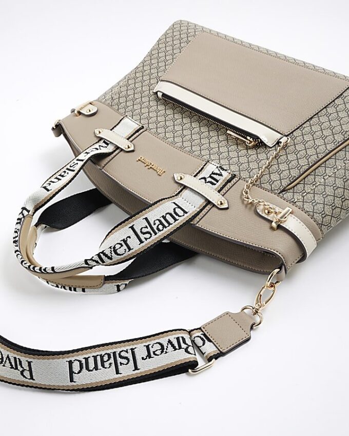 Beige Panelled RI Handle Tote Bag