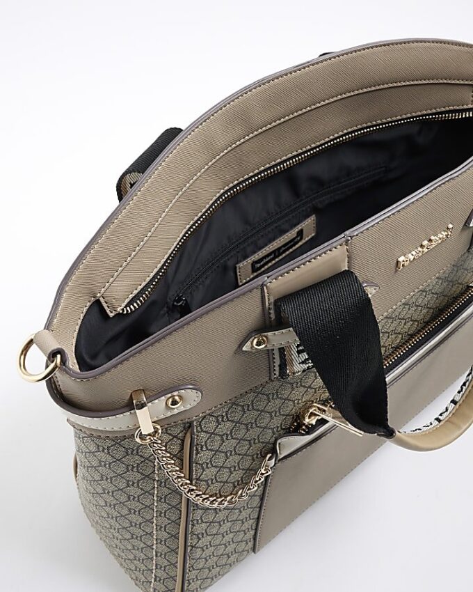 Beige Panelled RI Handle Tote Bag
