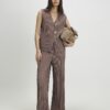 Beige Plisse Wide Leg Trousers