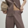Beige Plisse Wide Leg Trousers