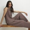 Beige Plisse Wide Leg Trousers