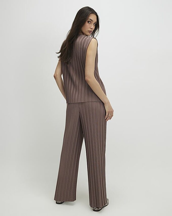 Beige Plisse Wide Leg Trousers
