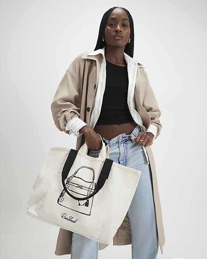 Beige Pocket Front Tote Bag
