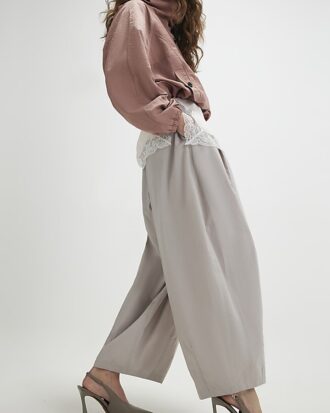 Beige Poplin Barrel Leg Trousers
