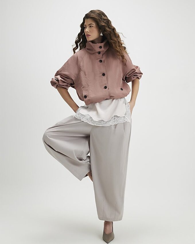 Beige Poplin Barrel Leg Trousers