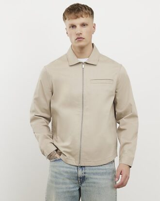 Beige Regular Fit Curved Hem Zip Overshirt