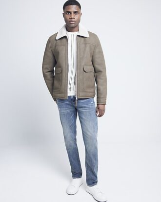 Beige regular fit nubuck shearling jacket