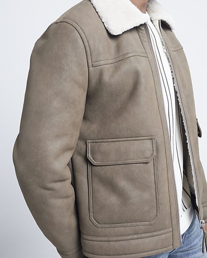 Beige regular fit nubuck shearling jacket