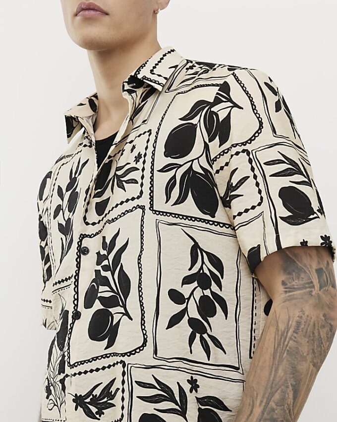 Beige Regular Fit Tile Print Shirt