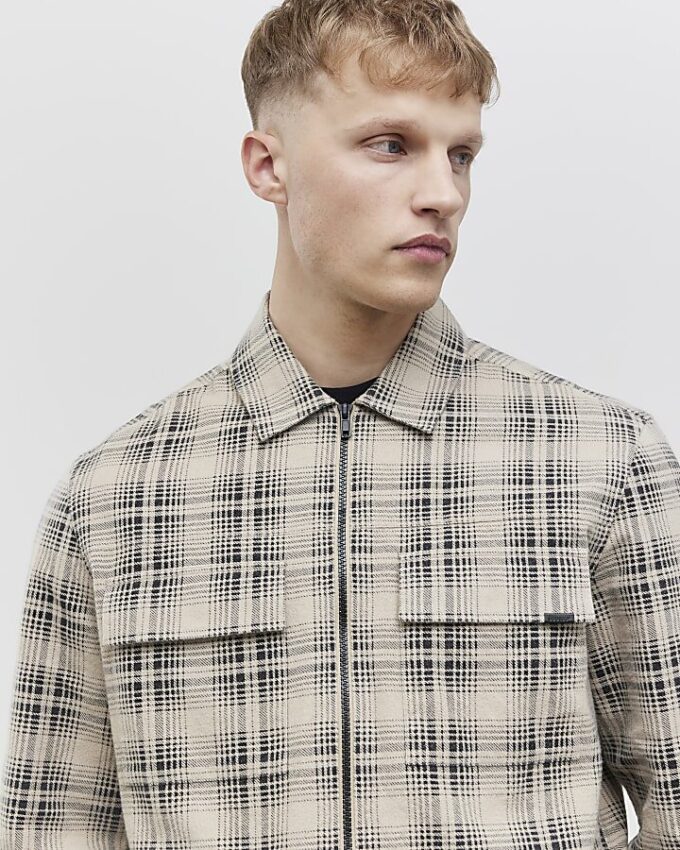 Beige Regular Fit Zip Through Check Overshirt