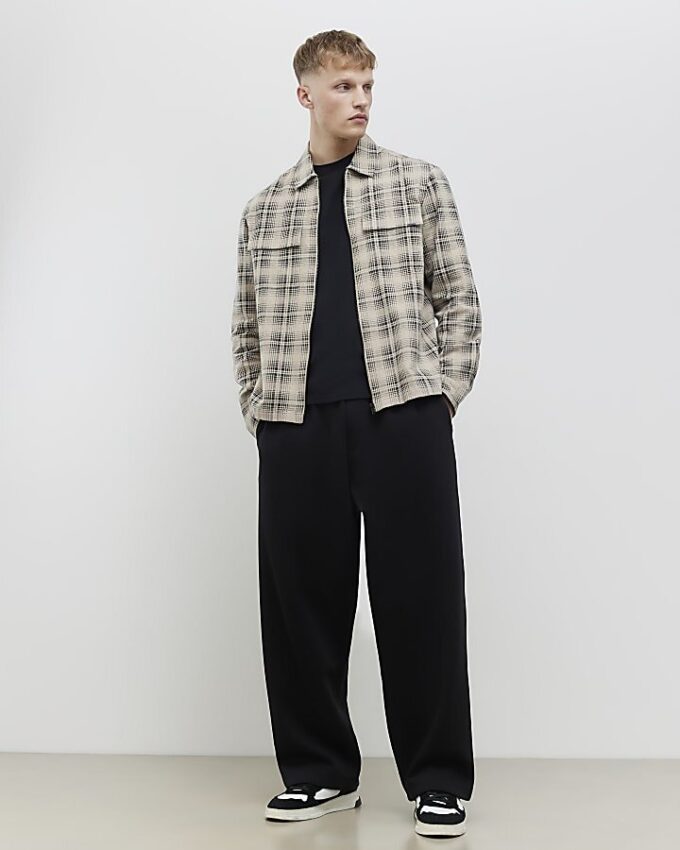 Beige Regular Fit Zip Through Check Overshirt