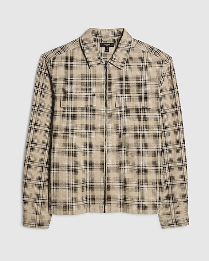 Beige Regular Fit Zip Through Check Overshirt