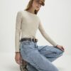Beige Scallop Trim Long Sleeve Top