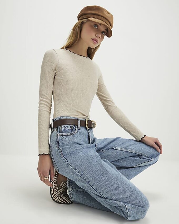 Beige Scallop Trim Long Sleeve Top