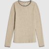 Beige Scallop Trim Long Sleeve Top