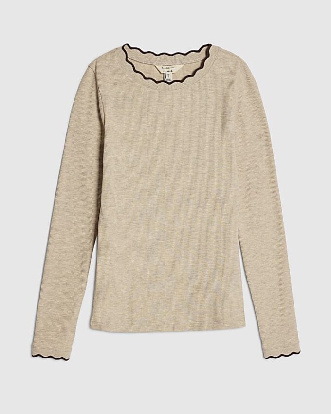 Beige Scallop Trim Long Sleeve Top