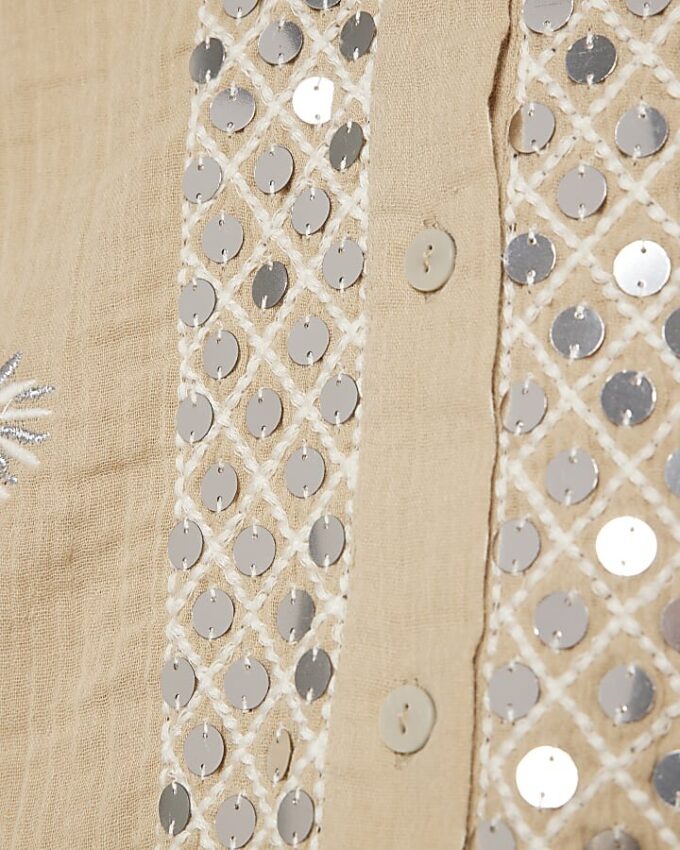 Beige Sequin Embellished Beach Shirt