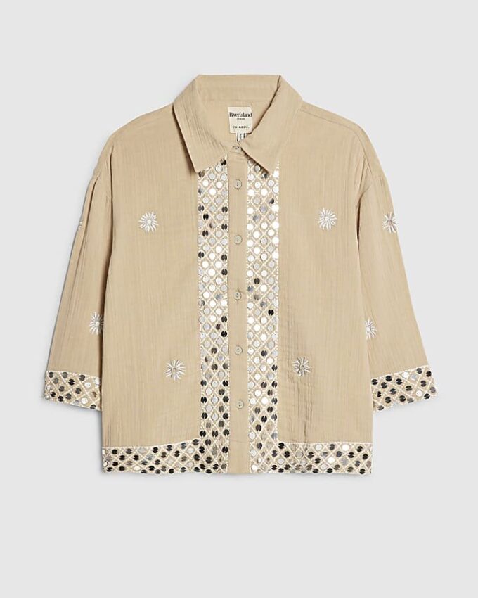 Beige Sequin Embellished Beach Shirt