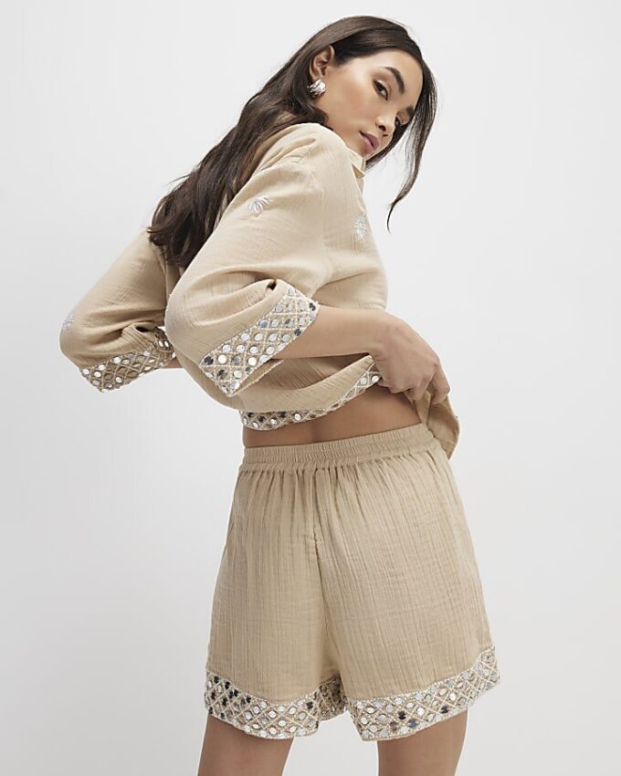 Beige Sequin Embellished Beach Shorts