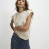 Beige Short Sleeve Pleat Shoulder T-shirt