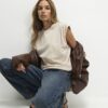 Beige Short Sleeve Pleat Shoulder T-shirt