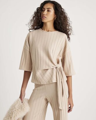 Beige Short Sleeve Wide Ribbed Knot Side Top