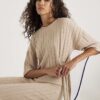 Beige Short Sleeve Wide Ribbed Knot Side Top