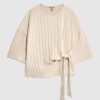 Beige Short Sleeve Wide Ribbed Knot Side Top