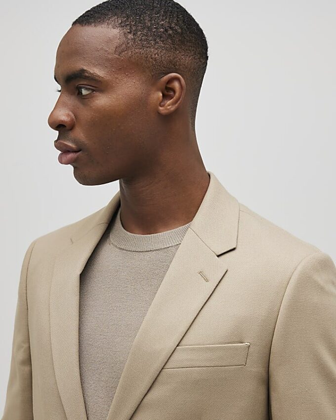 Beige Skinny Fit Textured Suit Jacket