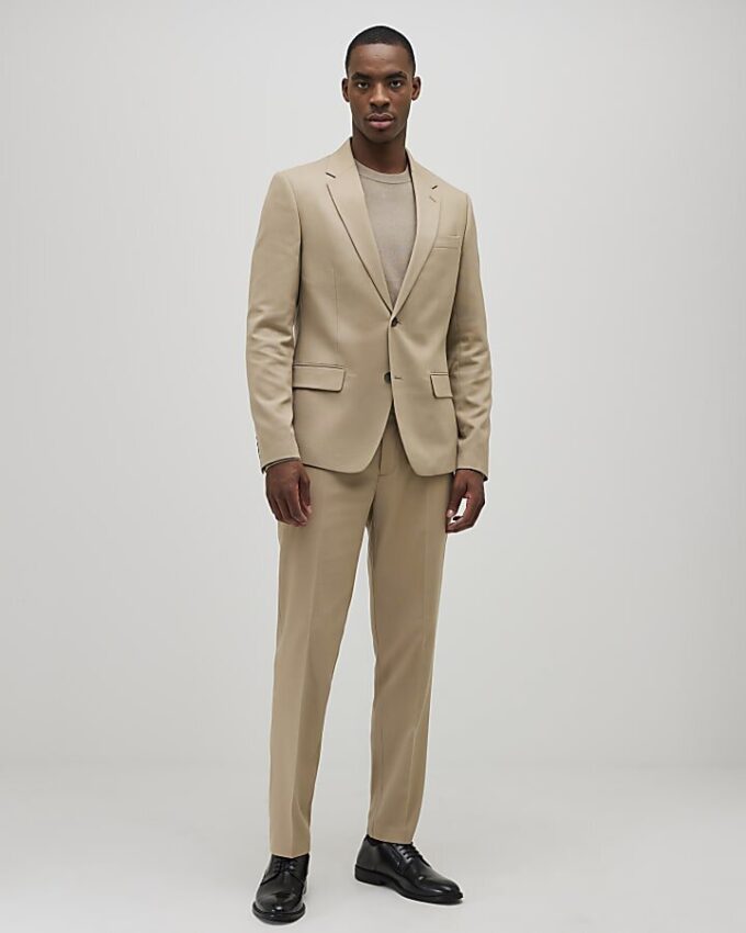 Beige Skinny Fit Textured Suit Jacket