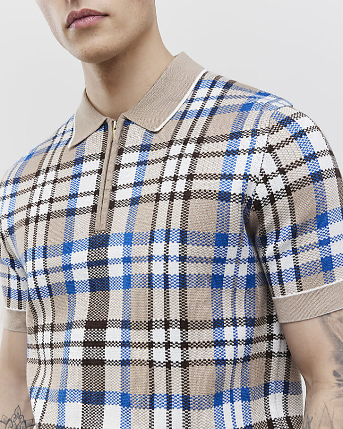 Beige Slim Fit Check Collar Polo Shirt