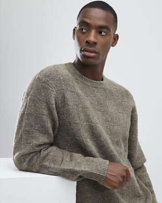 Beige Slim Fit Knitted Check Jumper