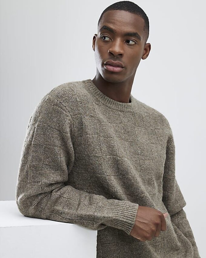 Beige Slim Fit Knitted Check Jumper