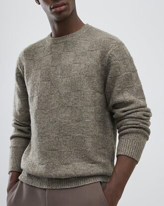 Beige Slim Fit Knitted Check Jumper