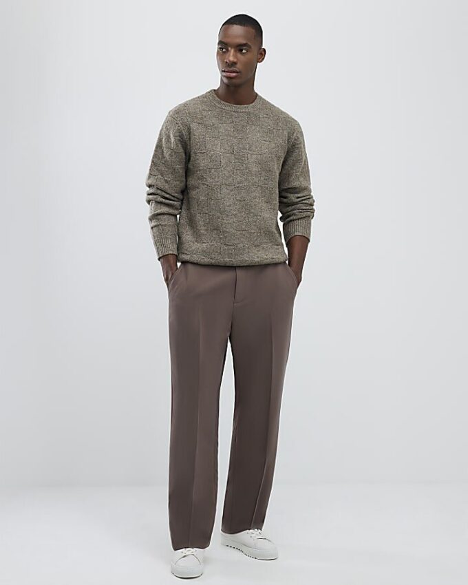 Beige Slim Fit Knitted Check Jumper
