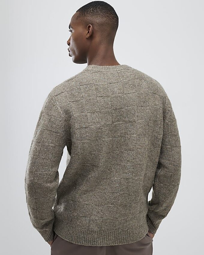 Beige Slim Fit Knitted Check Jumper