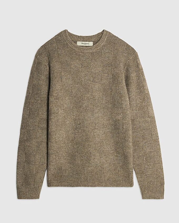 Beige Slim Fit Knitted Check Jumper