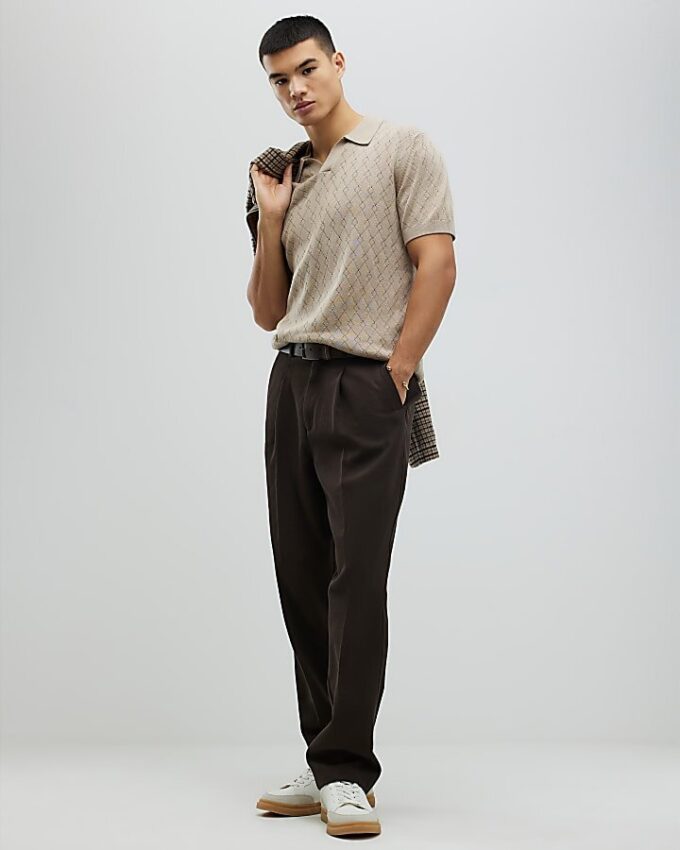 Beige Slim Fit Open Collar Shirt