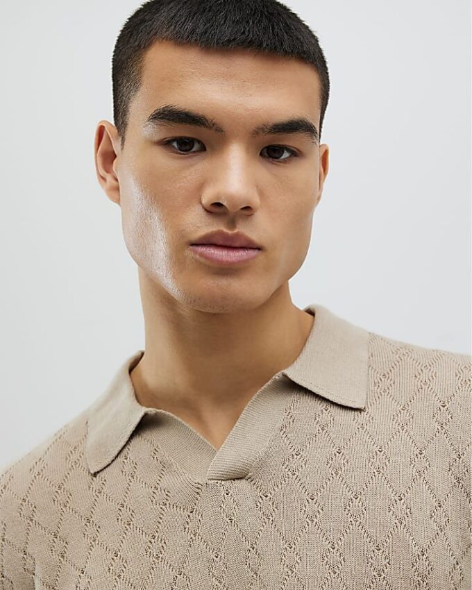 Beige Slim Fit Open Collar Shirt